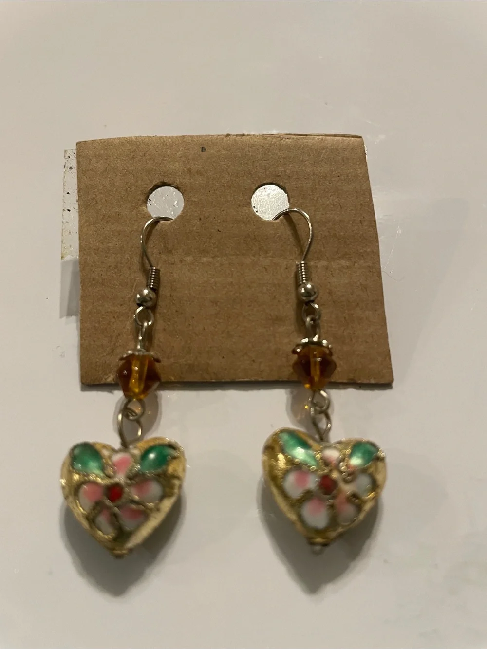 Gold-Tone Heart Drop Earrings with Green and Pink Enamel